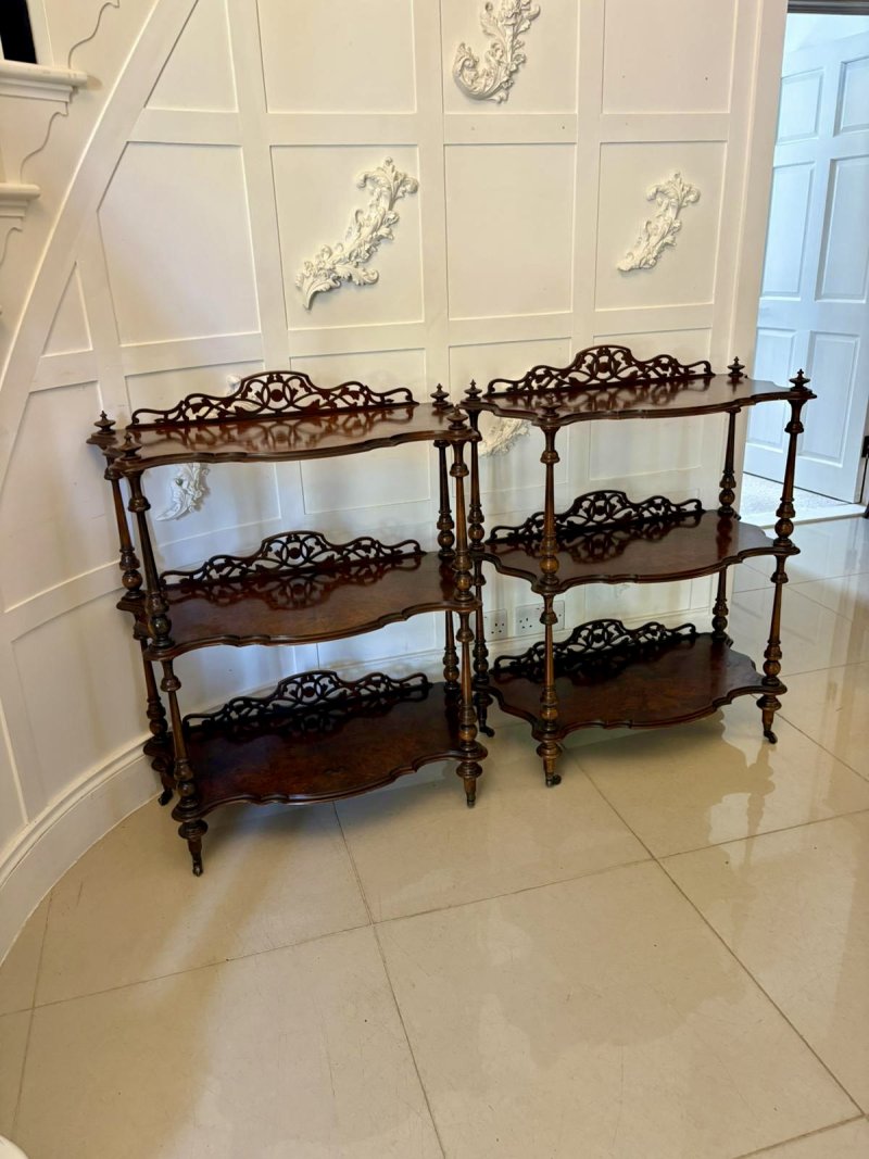 Unusual Pair of Antique Victorian Quality Burr Walnut Whatnots